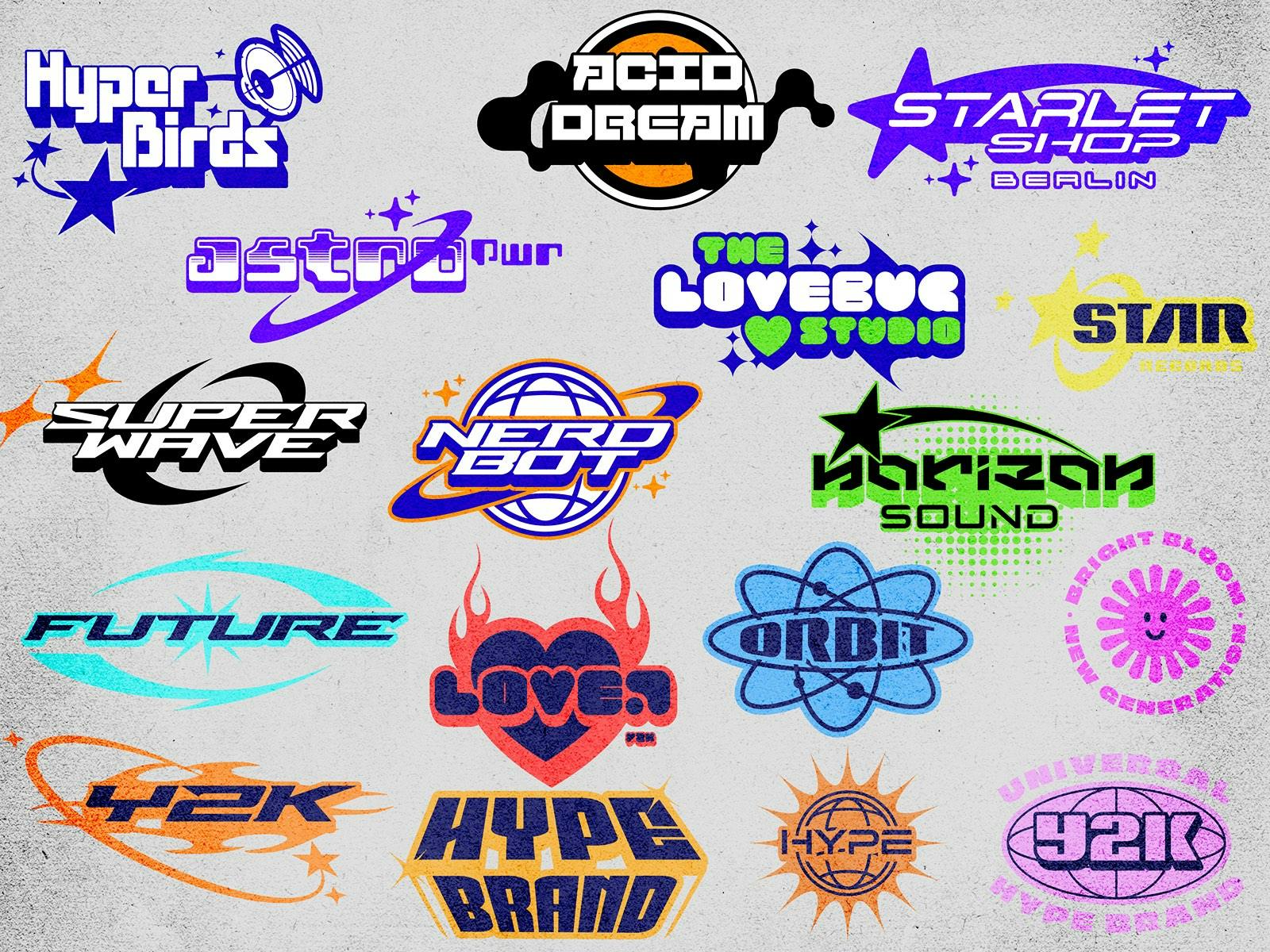 collection of y2k logo designs available in Kittl