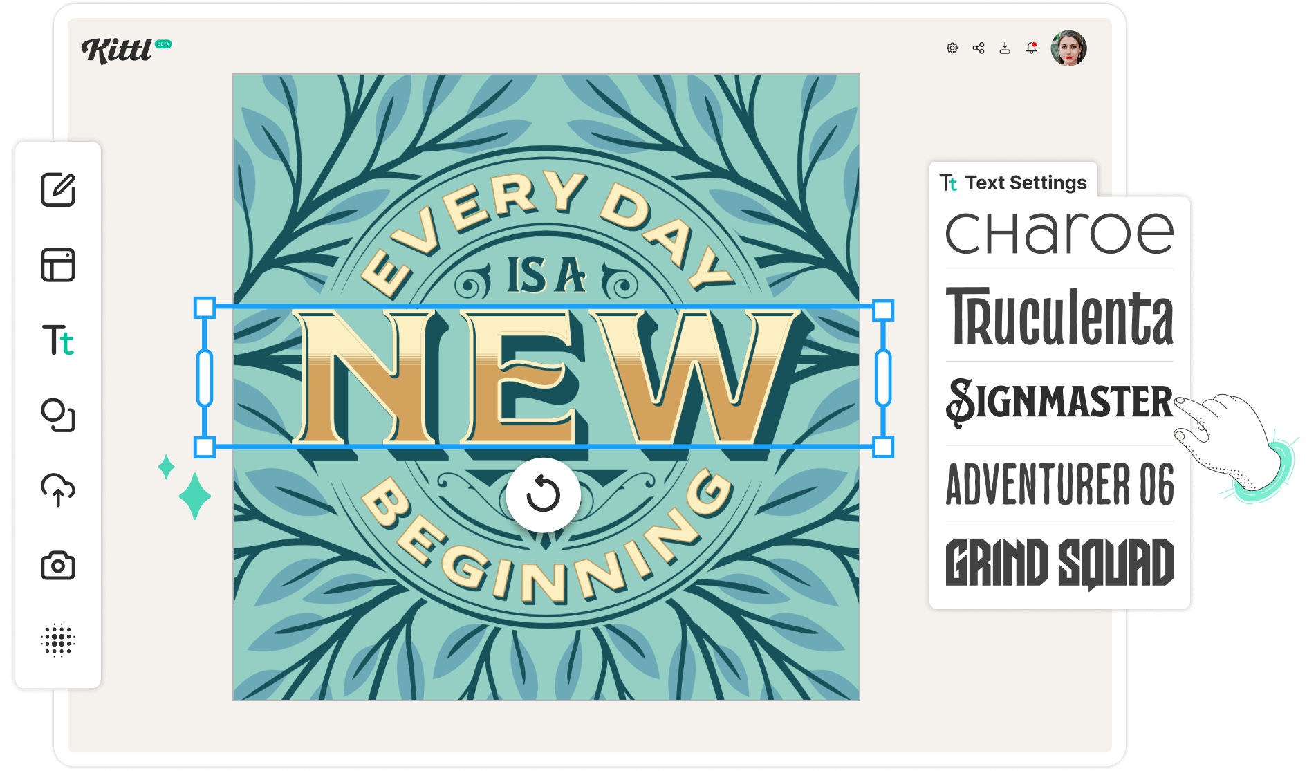 Choosing one of countless high quality fonts from Kittl's premium font library for modern, elegant design template.