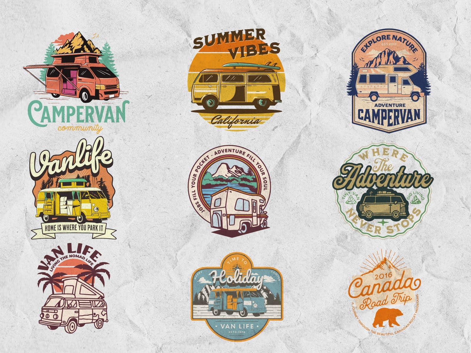 collection of nine popular vanlife logo templates in kittl