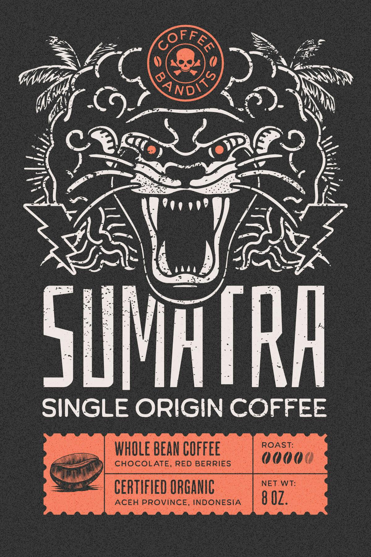 Design for grungy coffee label showing elements like panther, skills, palms and lightning bolts. 