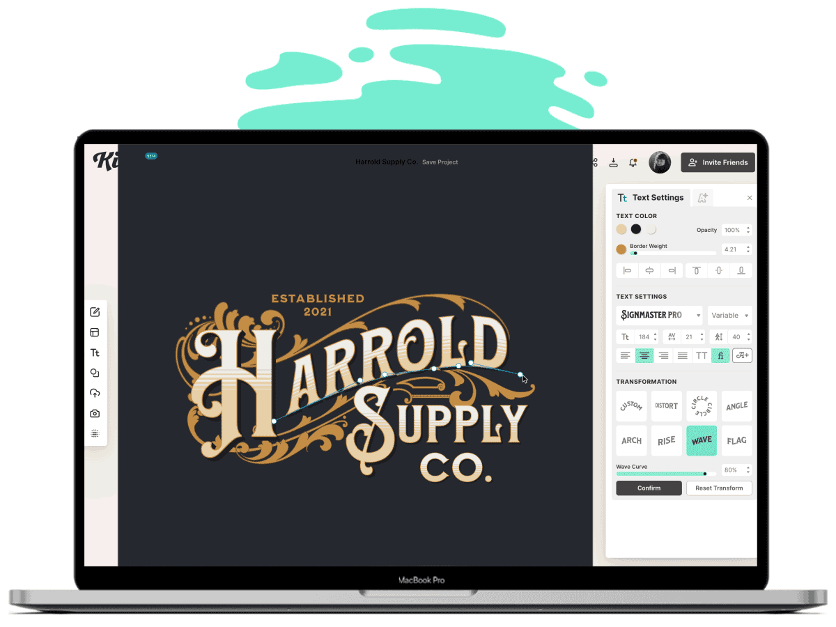 Custom wave shaped text option for vintage logo design.
