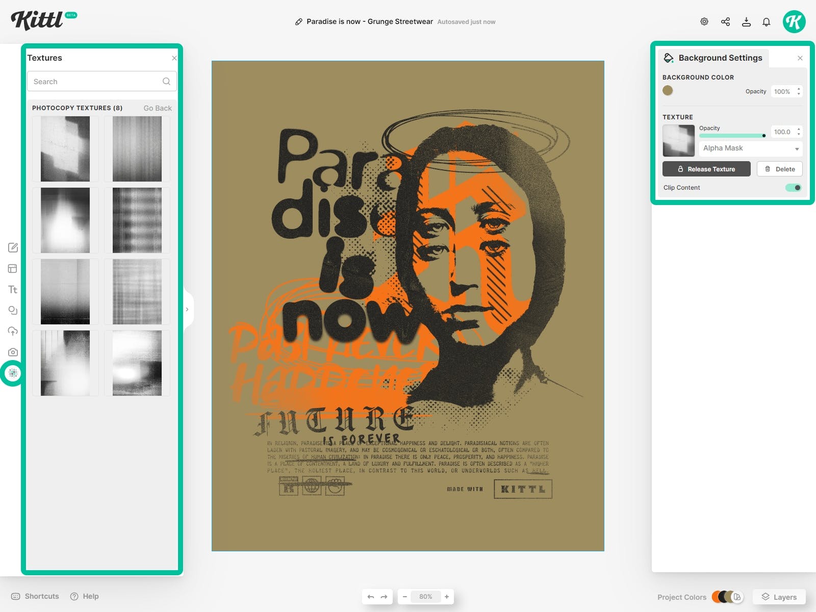 Grunge Y2K streetwear design template, choosing texture on a woman with four eyes and a halo. The back text color and neon orange highlights create a contrast to the dirty, brown background color.