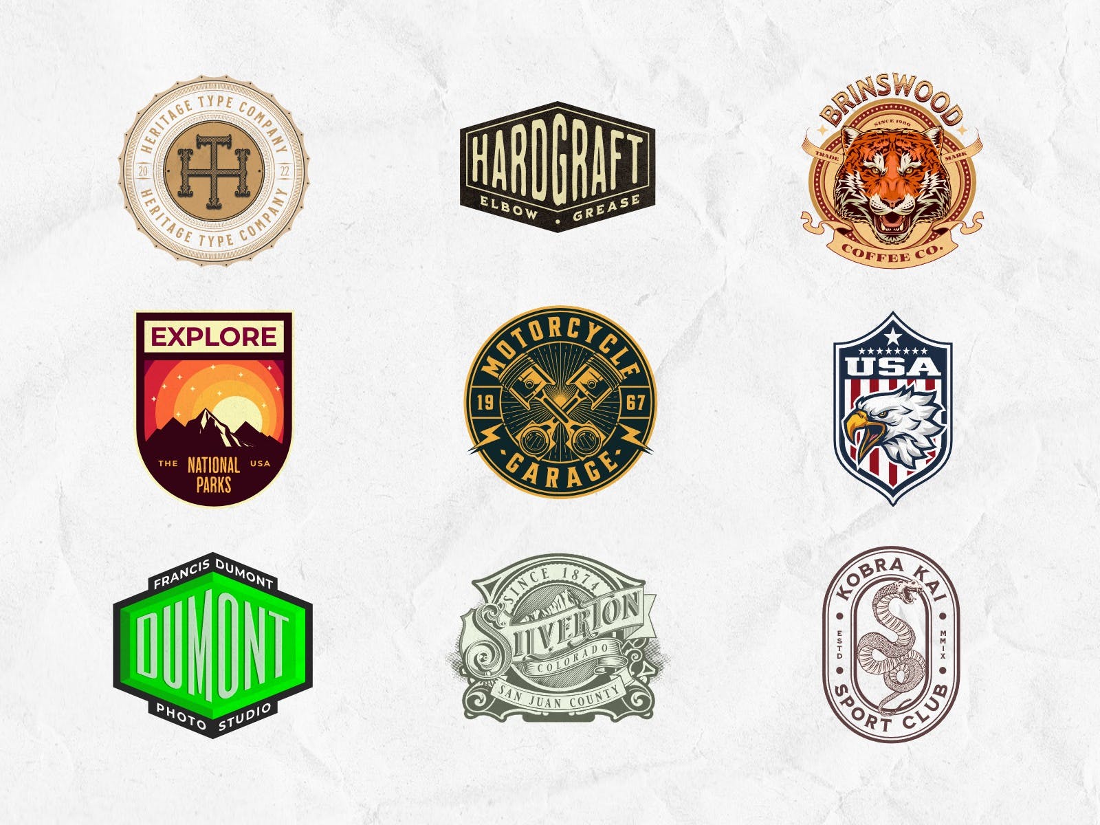 A collection of Kittl's top badge logos representing various industries and styles