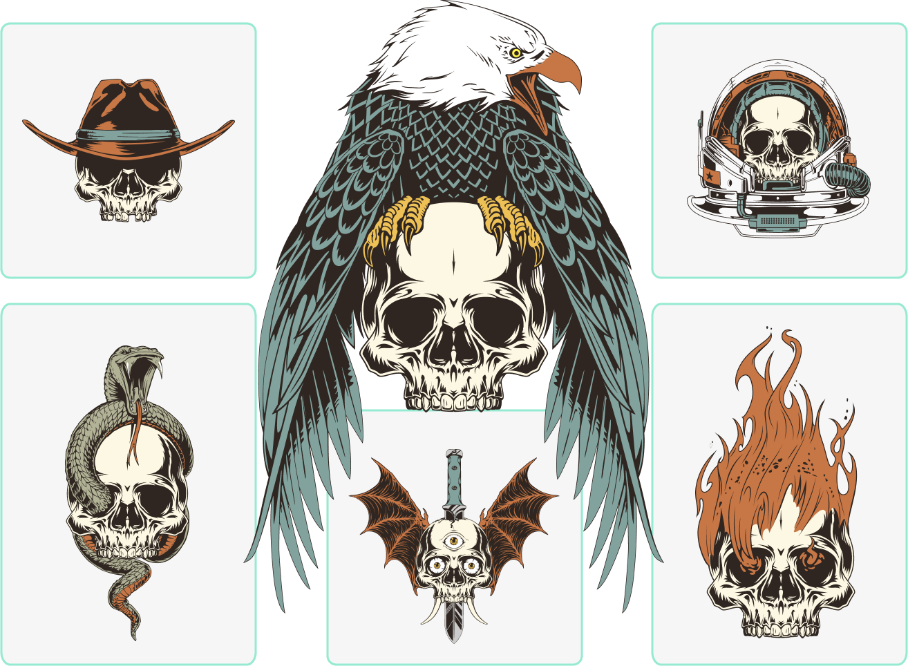 Various skull themes illustrations from Kittl's element library.