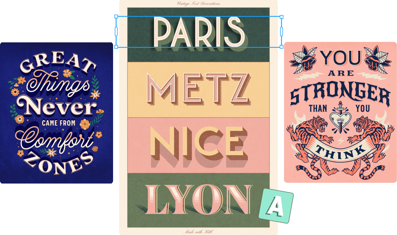 Modern and classic designs with different fonts, text decorations and styles.