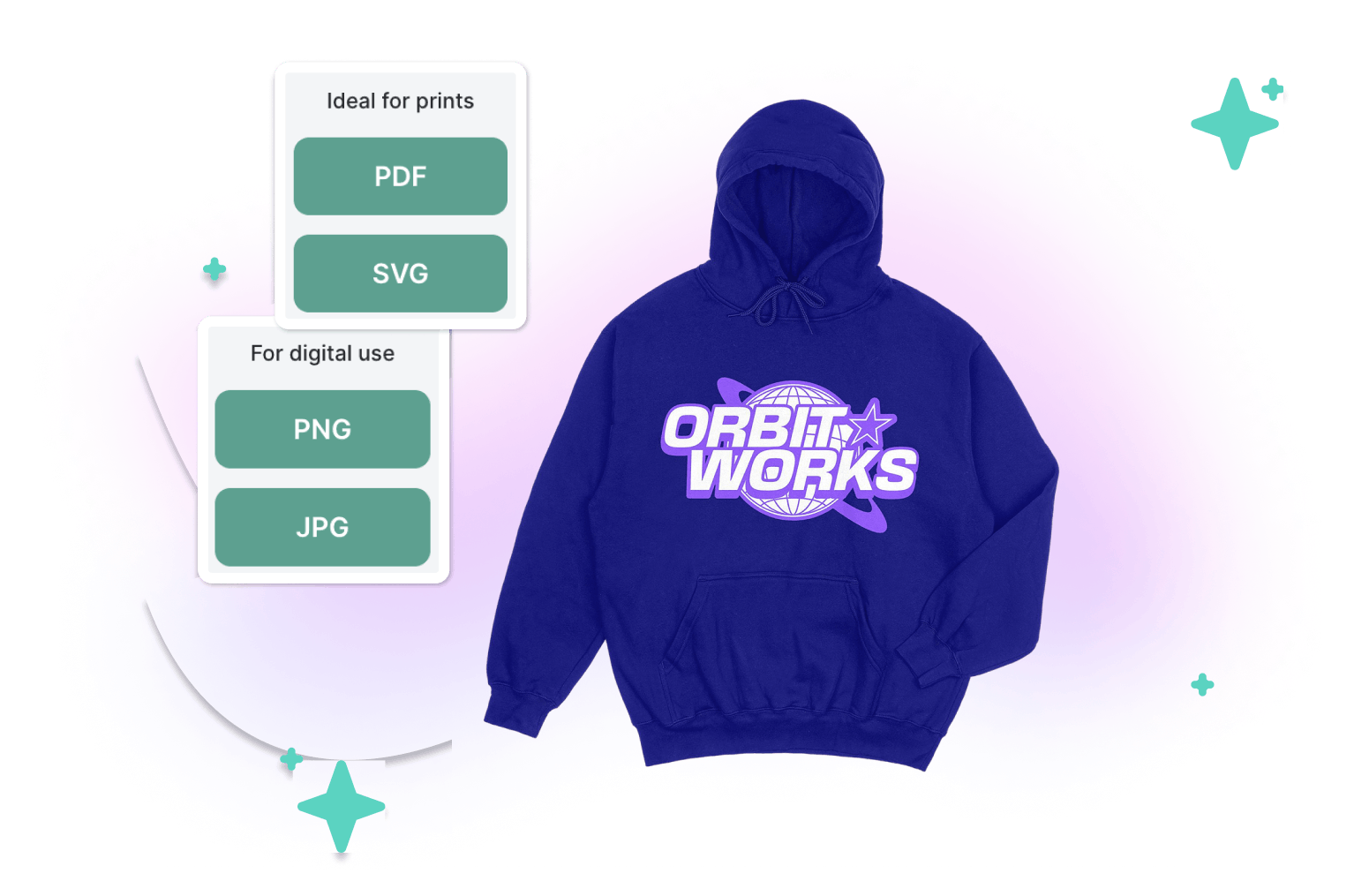 Export your hoodie or sweatshirt design in any format or print it 