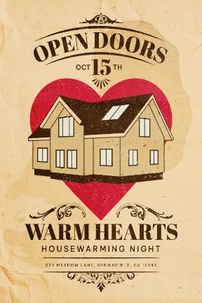 Vintage housewarming invitation template with parchment style background, and image of a home and heart in the centre. 