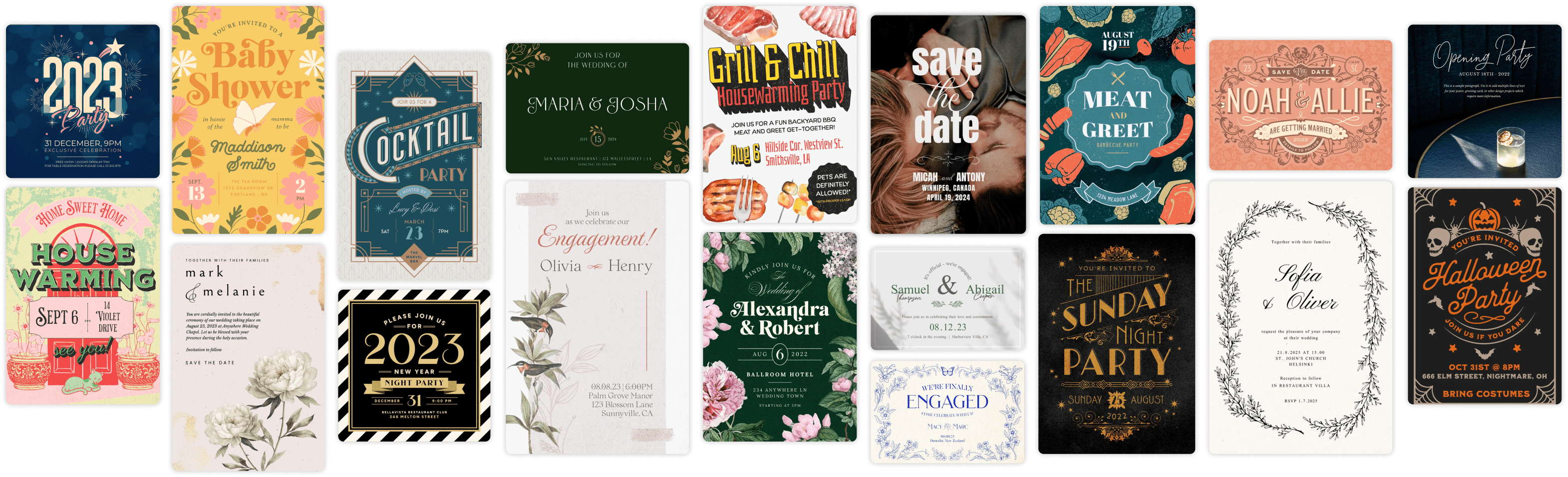 Collection of different invitation templates, varying in colors, occasion, style and aesthetic. 