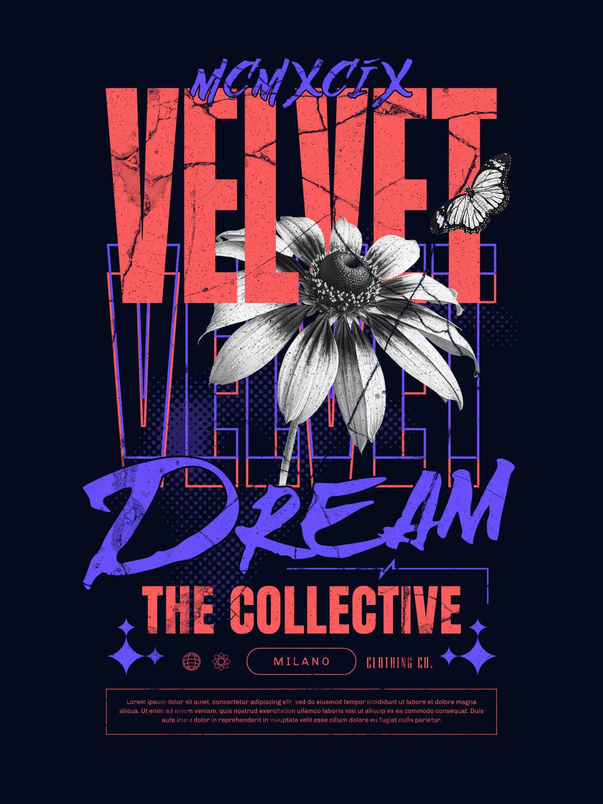 Y2K streetwear design with purple and bright red text on black background with grey flower and butterfly