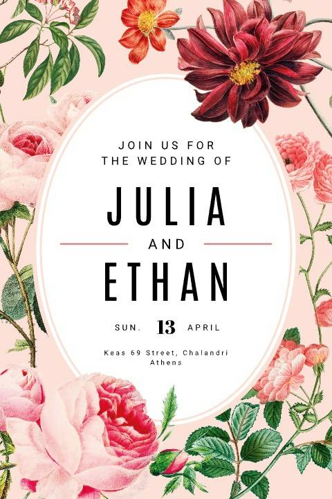Pink, green and floral wedding invitation template with oval feature in the centre.