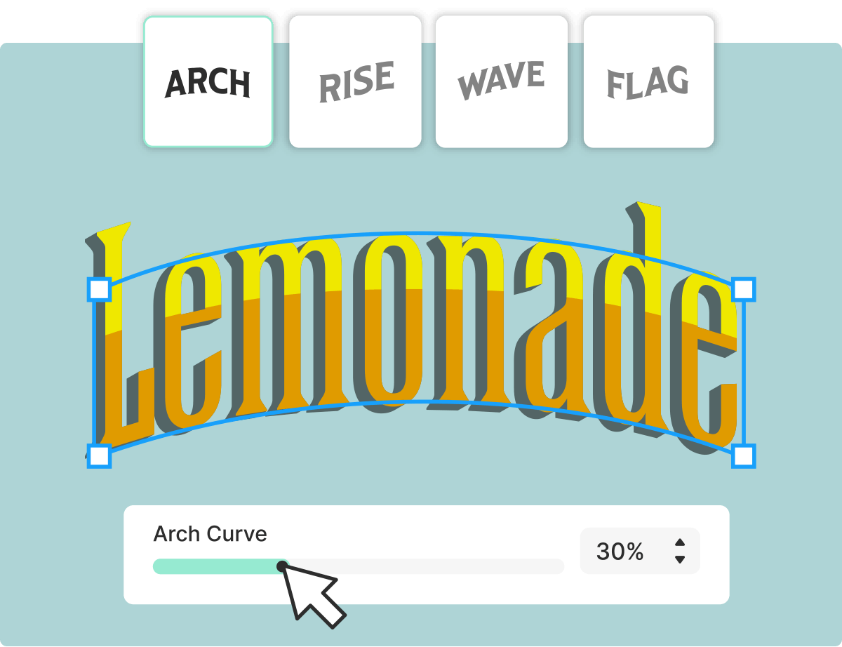 Arched text transformation achieved in two clicks.