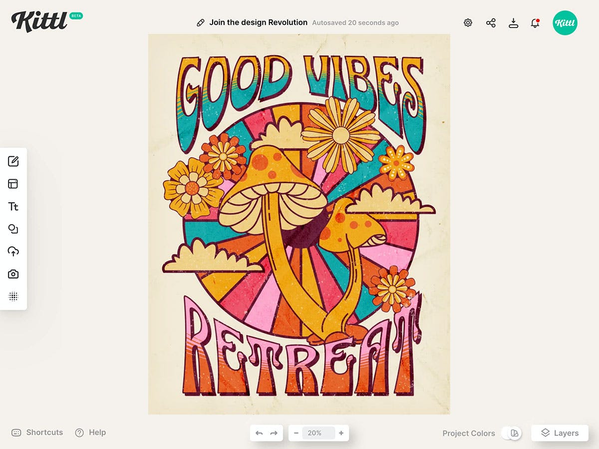 Colorful hippie poster design in Kittl editor.