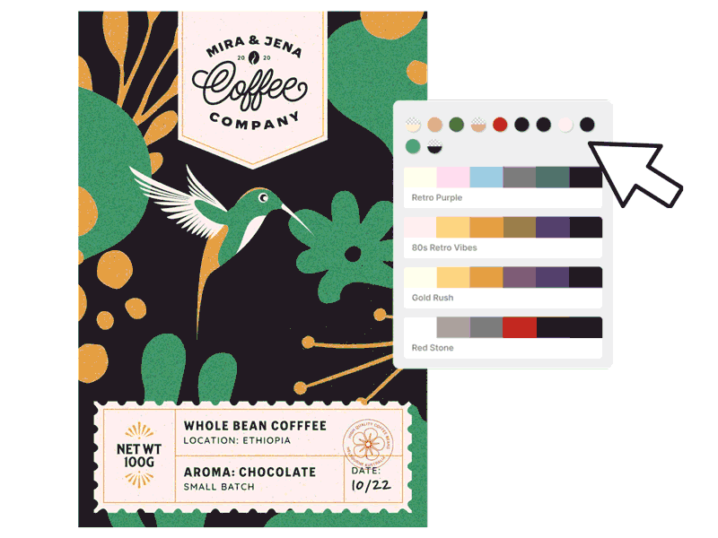 Colorful coffee label design with a hummingbird illustration is re-colored using a selection of Kittl's premade color palettes.