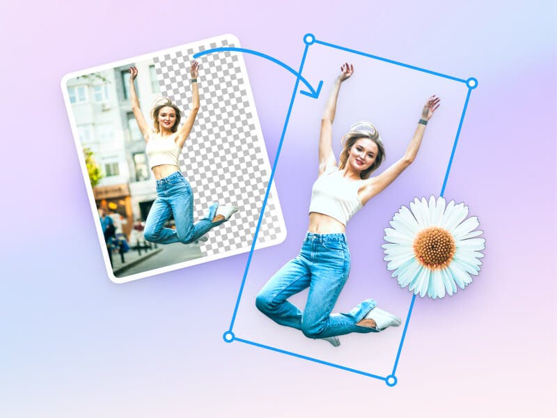 Photo of a jumping woman in front of detailed city scene before and after removing it's background.