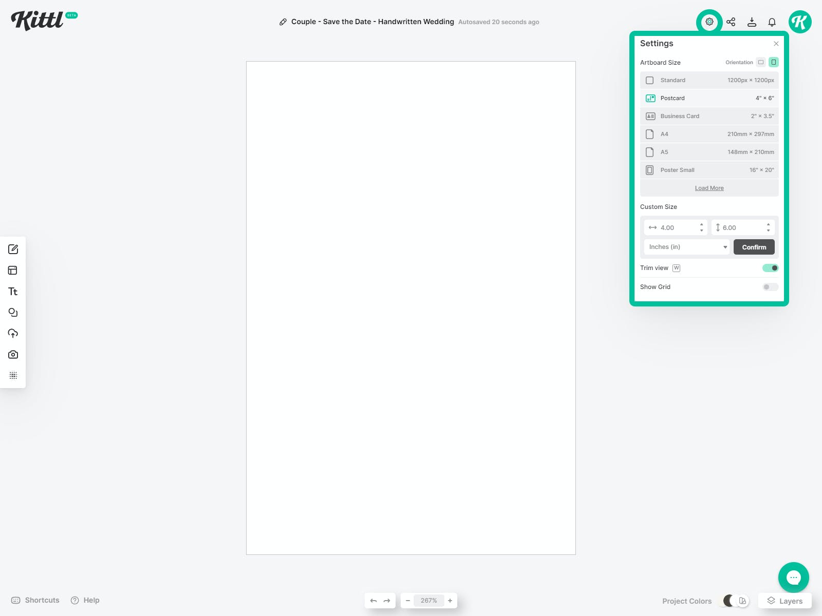 Customize artboard in Kittl to start with your wedding invitation