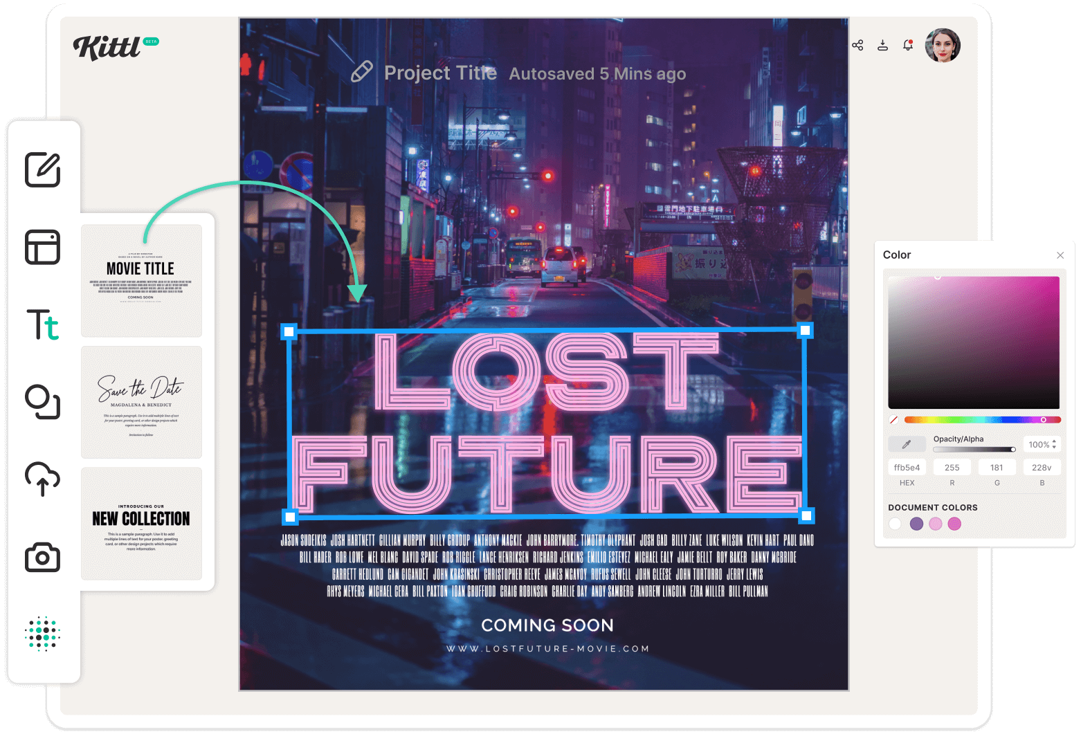 Neon and 80s inspired movie poster using Kittl's premade text library. Text is replaced and recolored to the user's liking. 