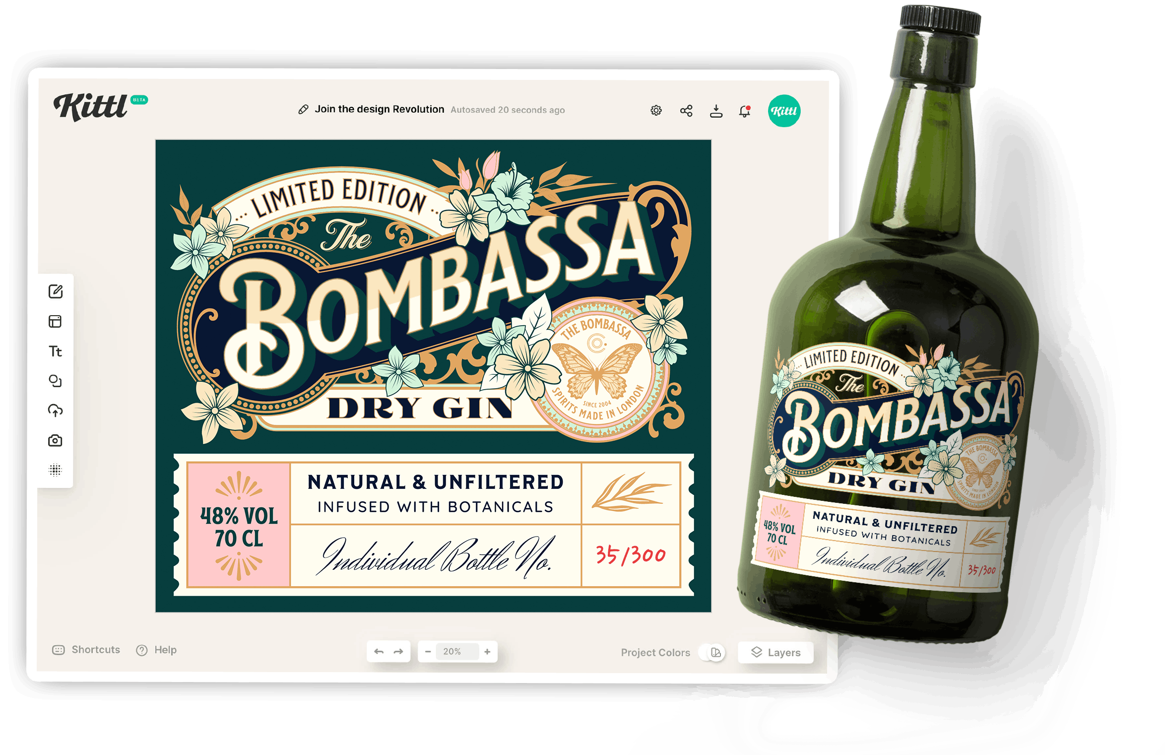 Vinage label design on a gin bottle