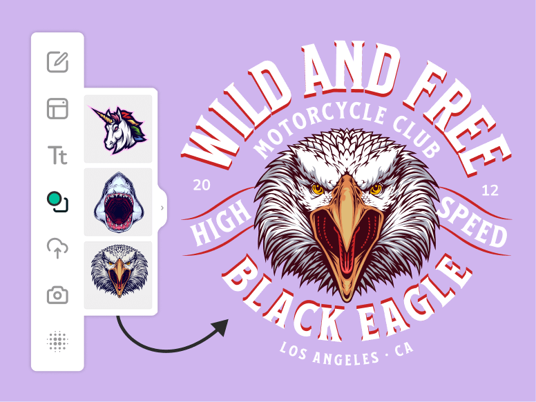 Illustration of an angry eagle from Kittl's library is placed into the center of a vintage motorcycle club's brand logo design.