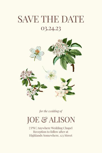 Minimalist Save the Date invitation template with cream background, and different florals as the feature.