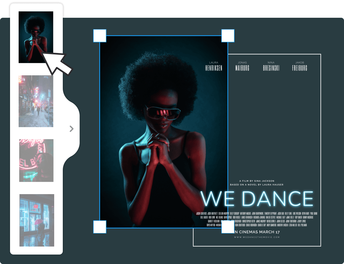 The huge photo library helps finding the right image for posters.