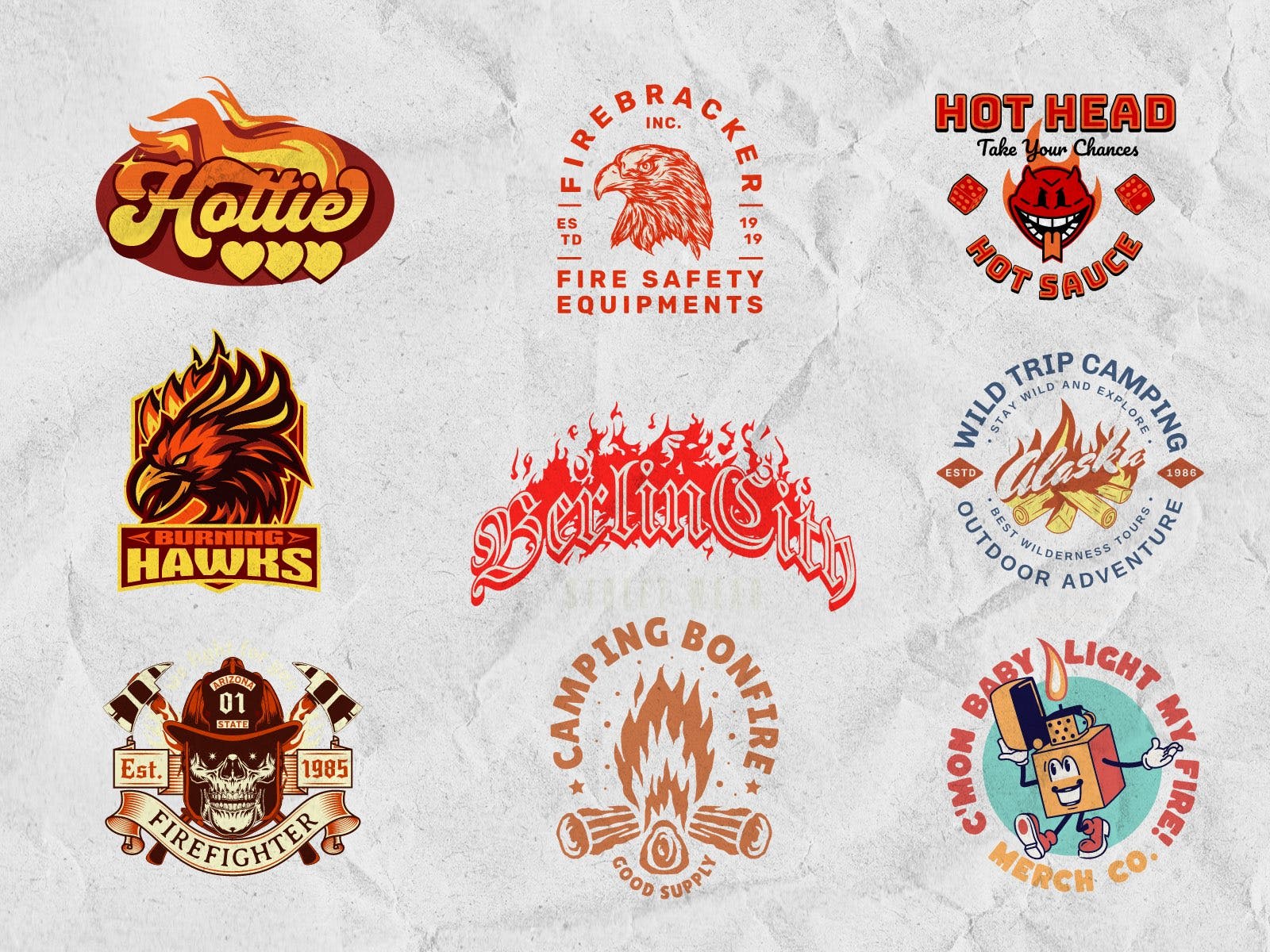 collection of 9 popular fire logo template designs in kittl
