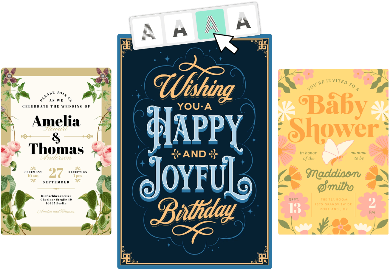 Vintage and modern card designs for birthdays, wedding invitations and baby showers build in Kittl.